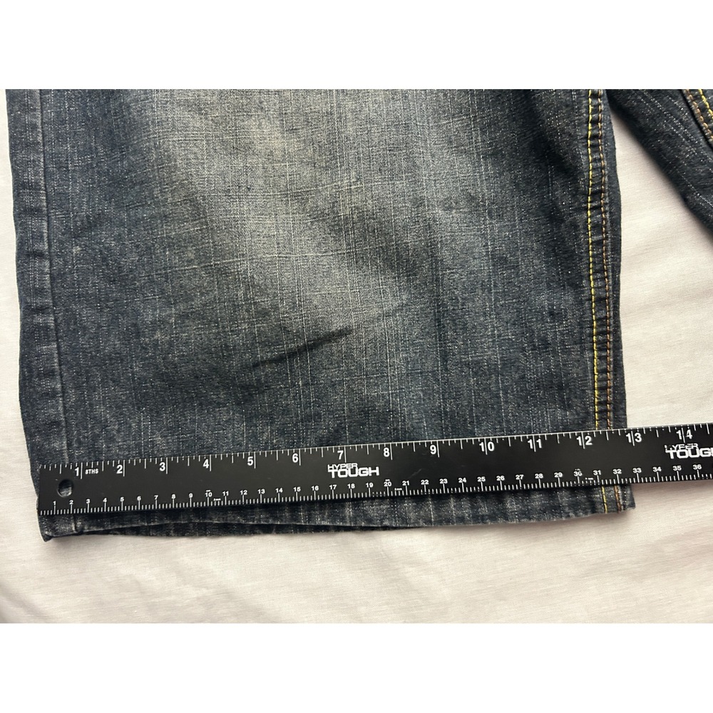 Akademiks Khan Men 40 Dark Wash Denim Shorts Baggy Y2K Streetwear Yellow Stitch - Picture 3 of 9
